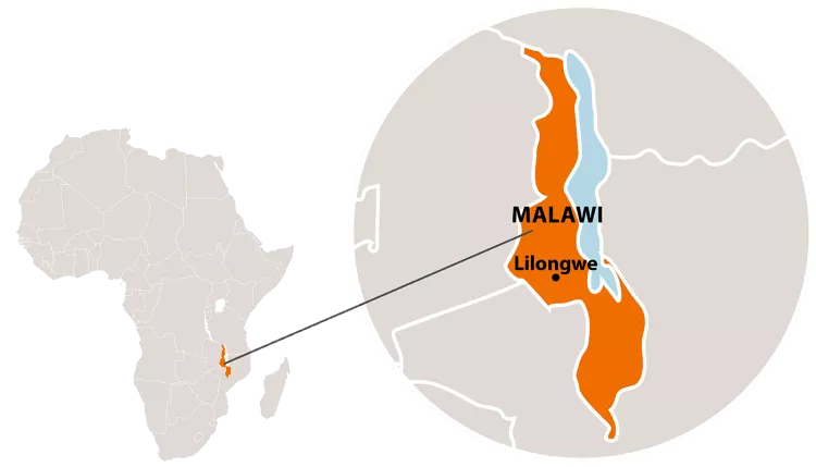 Die Lage von Malawi in Afrika